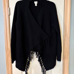 Chico's Black Open Front Cardigan Draped Fringed Hem Lightweight Size 2